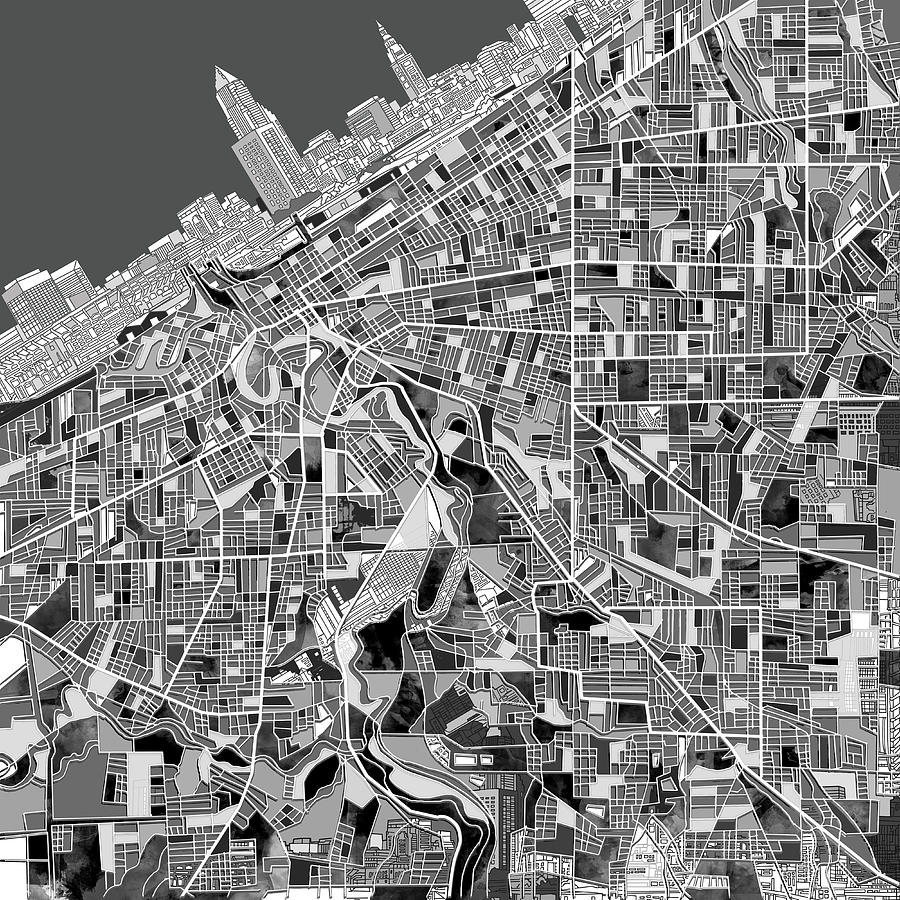 Cleveland map black and white Painting by Bekim M