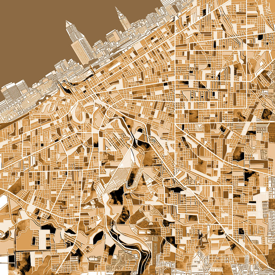 Cleveland map sepia Painting by Bekim M