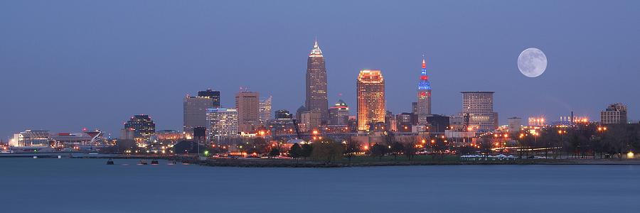 Cleveland Panorama with Full Moon Photograph by Frozen in Time Fine Art Photography