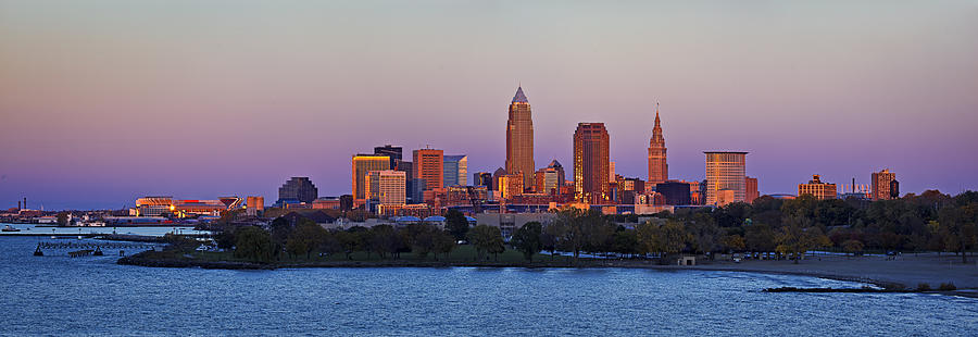 Architecture Photograph - Cleveland Skyline at Sunset Panorama by Marcia Colelli
