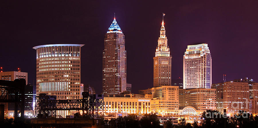 Cleveland Skyline NIGHT Color - Downtown Buildings Photograph by Jon Holiday