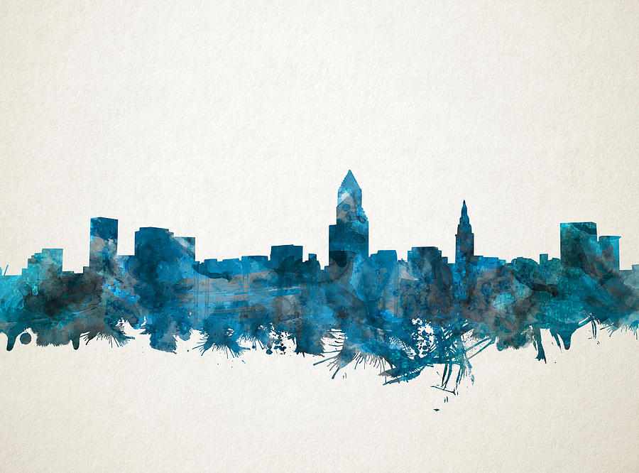 Cleveland Skyline Watercolor Blue Painting by Bekim M