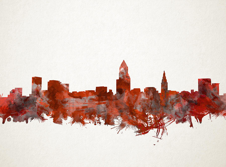 Cleveland Skyline Watercolor Red Painting by Bekim M