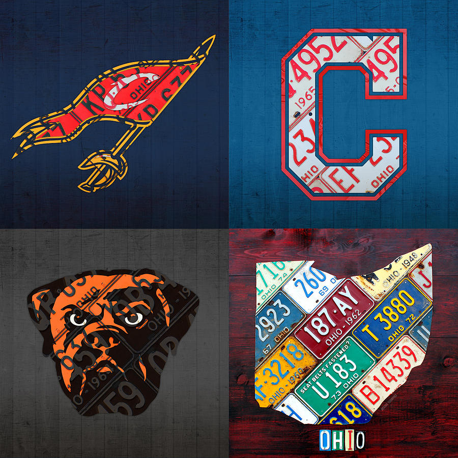 Cleveland Sports Fan Recycled Vintage Ohio License Plate Art Cavaliers Indians Browns and State Map Mixed Media by Design Turnpike