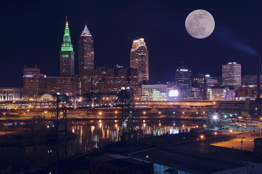 Cleveland With Full Moon Photograph by Frozen in Time Fine Art Photography
