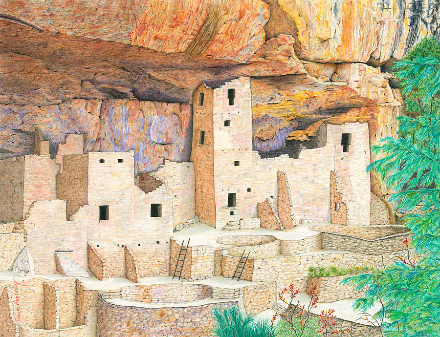 Cliff Dwellings of Old Drawing by Diana Hrabosky