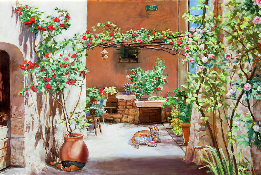 Climbing Roses in La Treille Courtyard Painting by Dominique Amendola