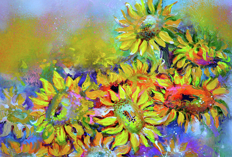 Climbing Toward The Sun Impressionist Sunflower Impasto Painting Art Print By Soos Roxana Gabriela Painting