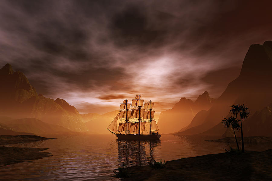 Clipper ship at sunset Digital Art by Carol and Mike Werner