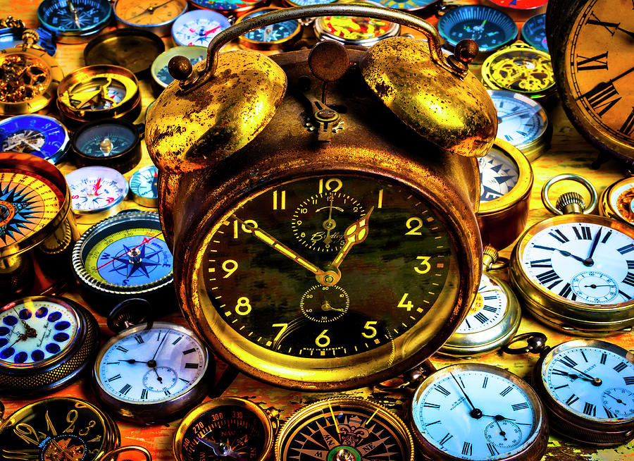 Still Life Photograph - Clock And Old Pocket Watches by Garry Gay