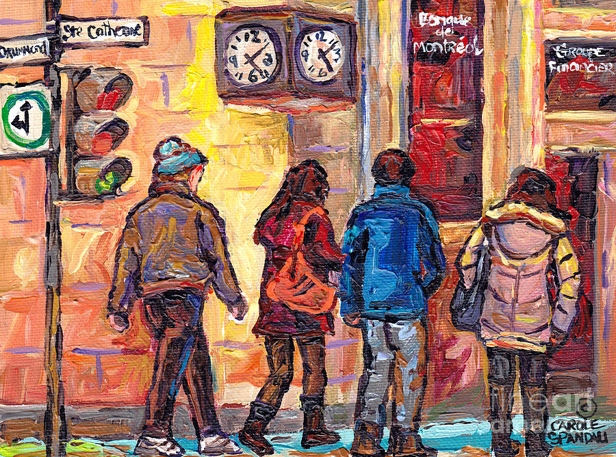 Clock Corner Drummond And St Catherine Downtown Scenes Montreal 375 Original Art Carole Spandau      Painting by Carole Spandau