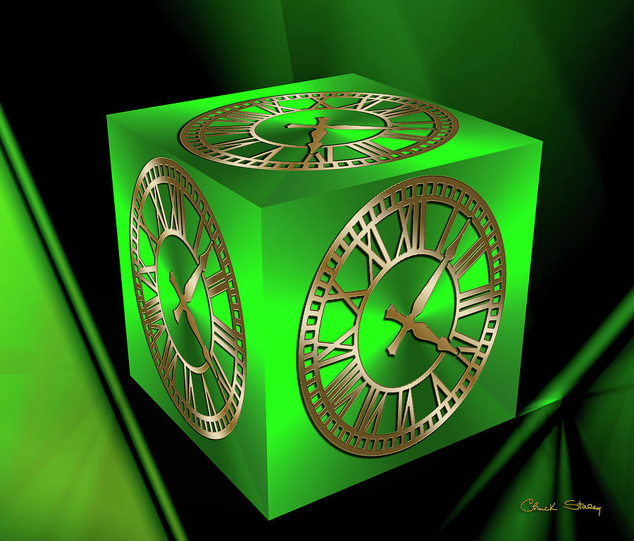 Clock on Green Cube Digital Art by Chuck Staley