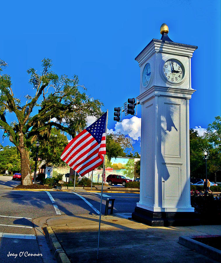 Clock Tower and Flag Conway South Carolina Photograph by Joey OConnor Photography