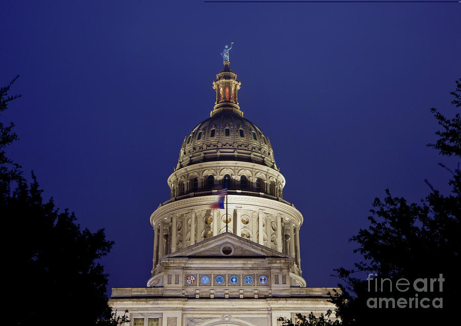 Architecture Photograph - Close up of the majestic Goddess of Liberty atop the Texas State Capitol Dome at Dusk - Stock Image by Dan Herron