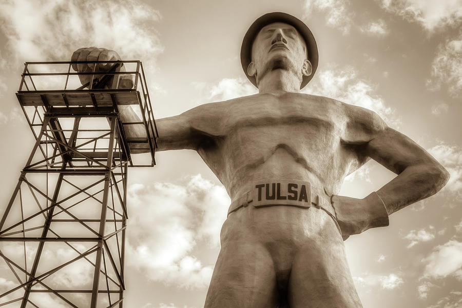 Close Up of Tulsa Driller Statue - Sepia Photograph by Gregory Ballos