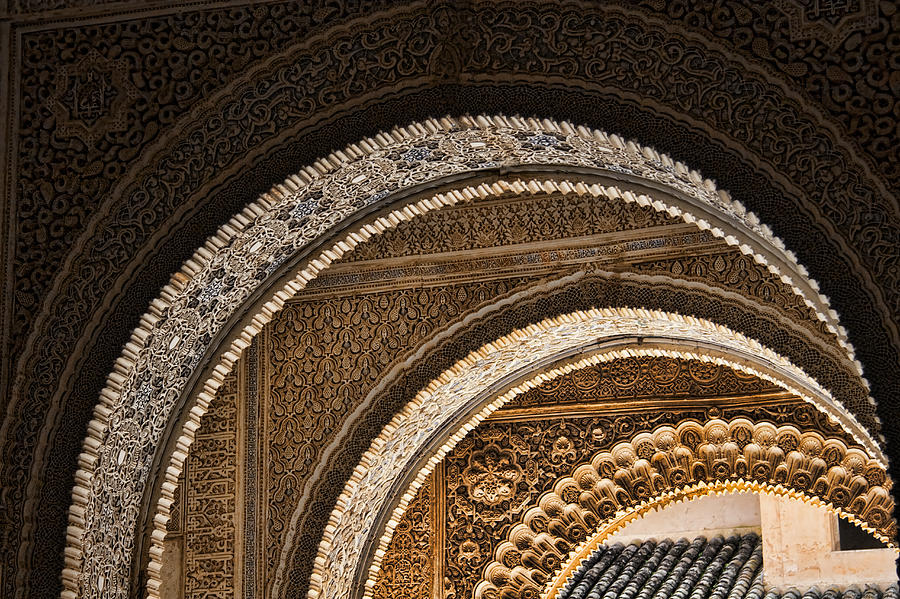 Alhambra Photograph - Close-up view of Moorish arches in the Alhambra palace in Granad by David Smith