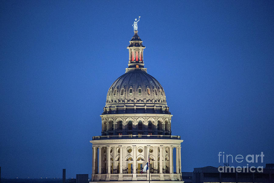 Architecture Photograph - Closeup aerial view at dusk of the Texas State Capitol Dome in downtown Austin, Texas - Stock Image by Dan Herron
