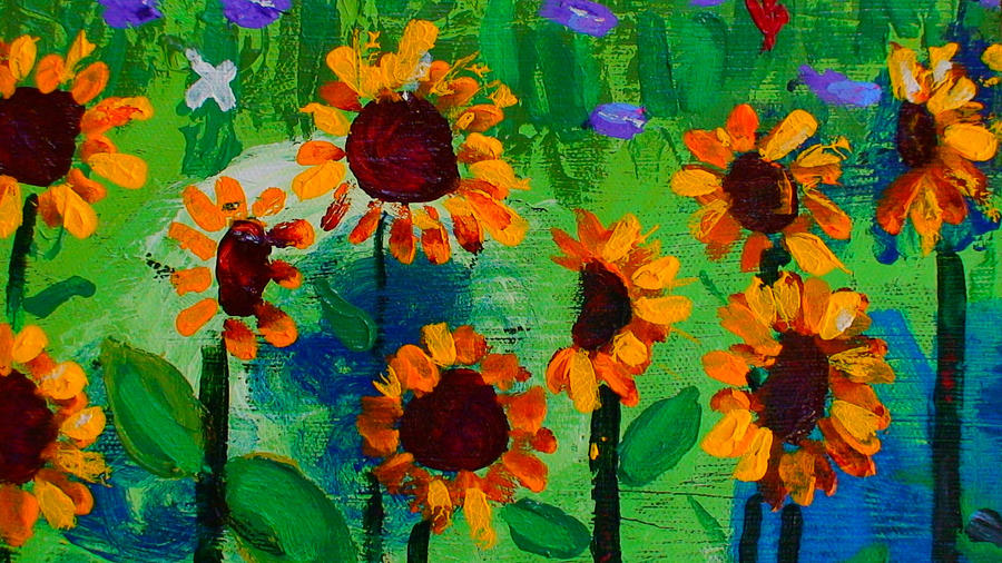 Closeup from Day and Night in a Sunflower Field Painting by Angela Annas