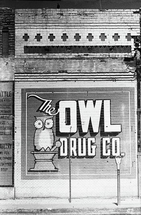 Closeup of 1930s era Owl Drug wall sign Tucson Arizona 1989 Photograph by David Lee Guss