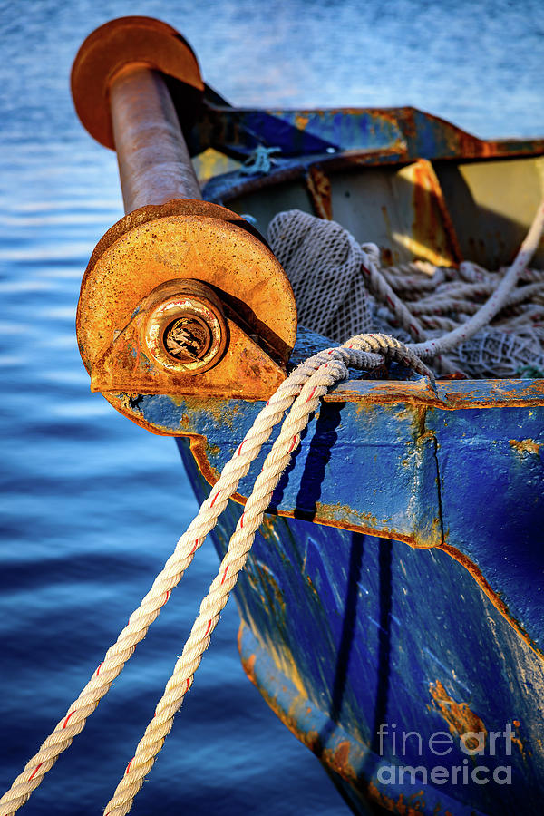 Up Movie Photograph - Closeup of Blue Rusting Fishing Boat in Rhodes, Greece by Global Light Photography - Nicole Leffer