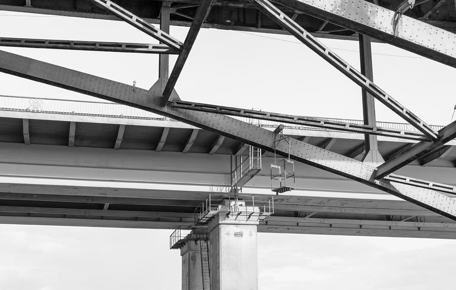 Closeup of Metal Bridge Walkway in Black and White Photograph by John Williams