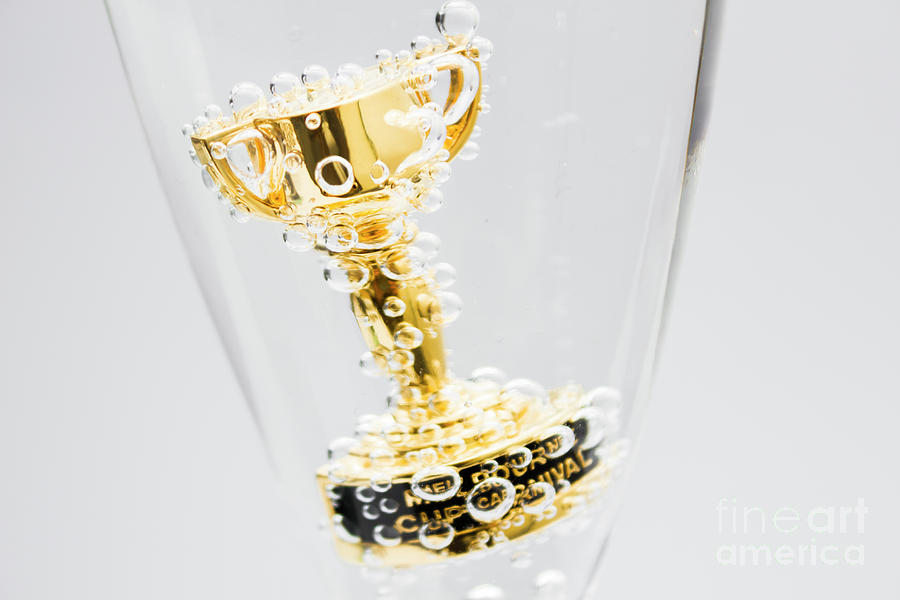 Closeup of small trophy in champagne flute. Gold colored award i Photograph by Jorgo Photography