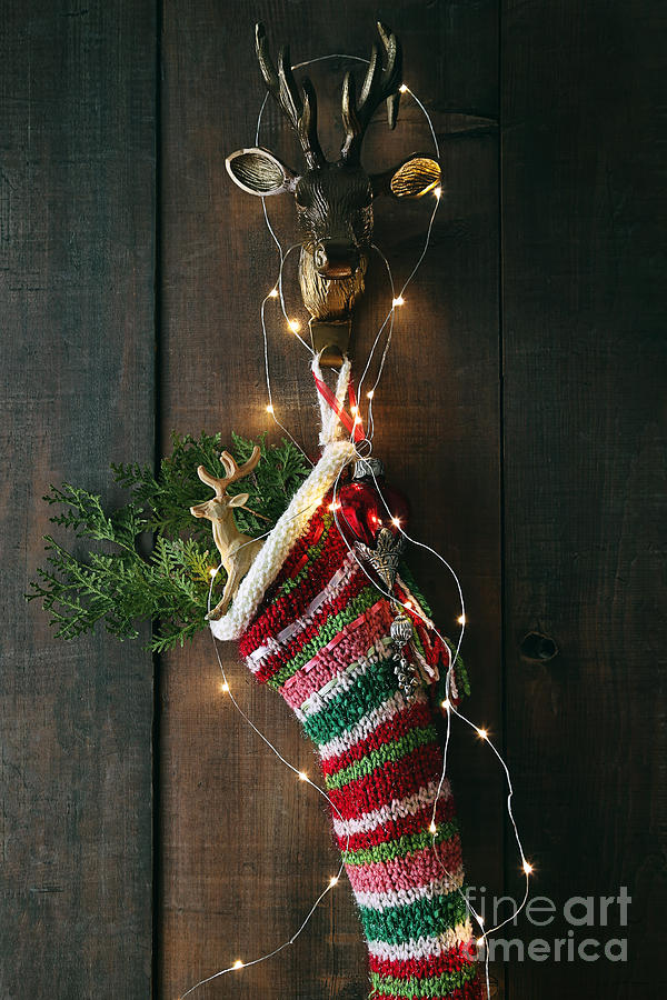 Closeup stripe wool stocking with lights Photograph by Sandra Cunningham