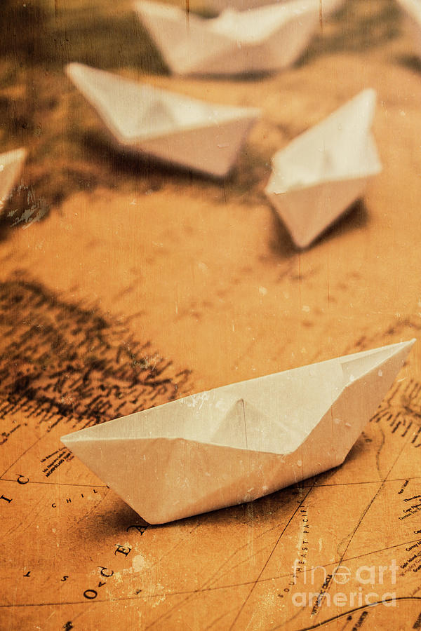 Map Photograph - Closeup Toned Image Of Paper Boats On World Map by Jorgo Photography