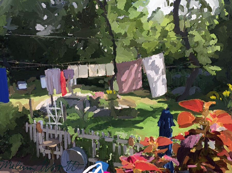 Clothesline and Coleus in an East Gloucester  MA Garden  Painting by Melissa Abbott