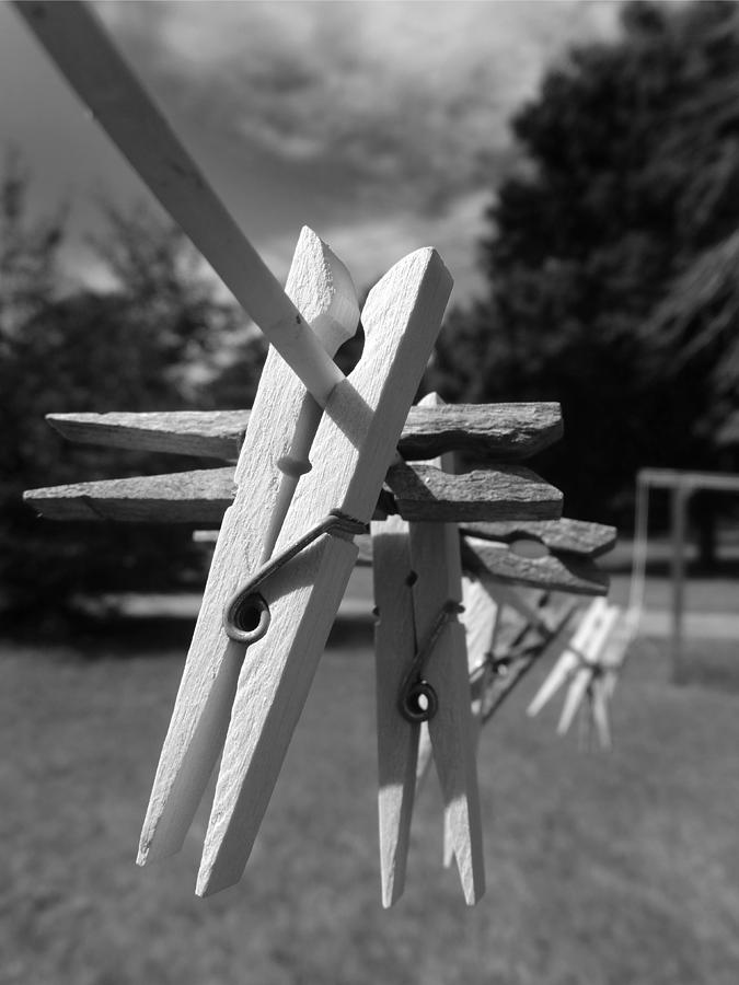 Clothespins on a Line B W Photograph by David T Wilkinson