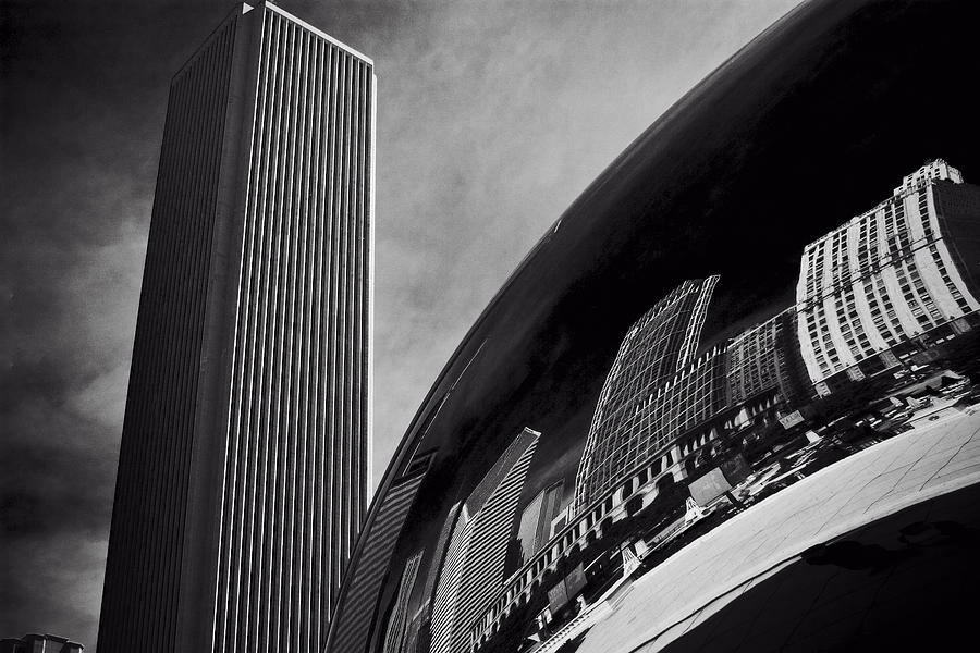 Cloud Gate and AON Center Black and White Photograph by Roger Passman
