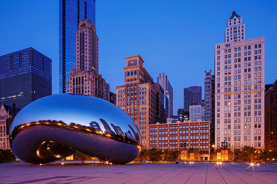 Chicago Photograph - Cloud Gate -The Bean- In Millenium Park at Twilight Blue Hour - Chicago Illinois by Silvio Ligutti