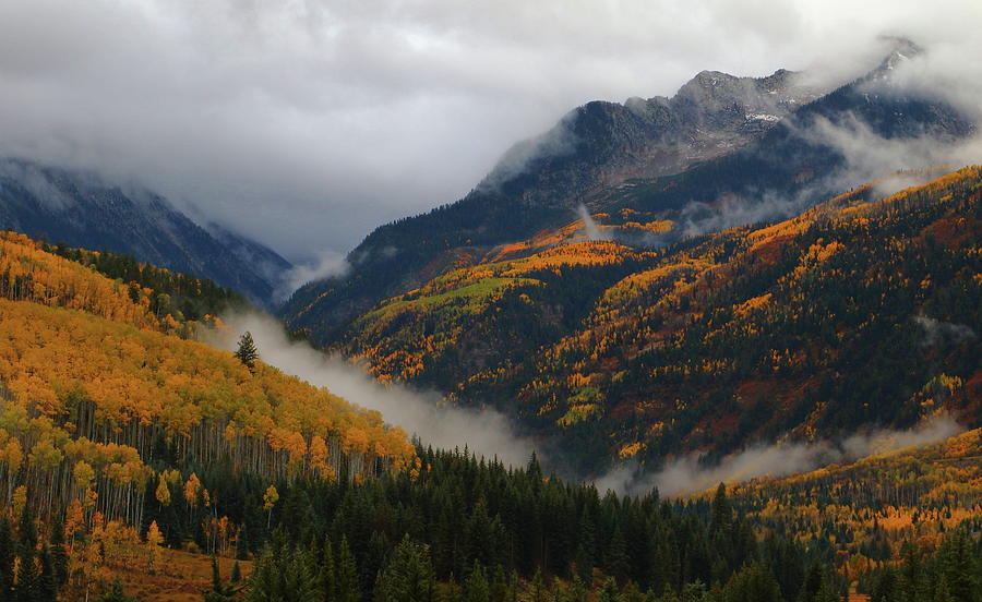 Clouds and fog encompass autumn at McClure Pass in Colorado Photograph by Jetson Nguyen