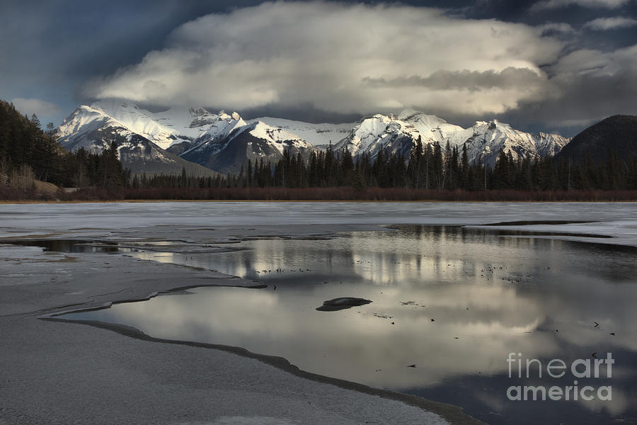 Clouds And Snow Capped Vermilion Lakes Reflections Photograph by Adam Jewell