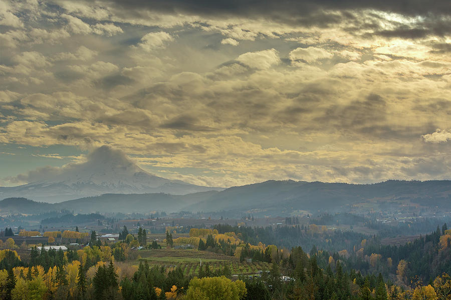 Clouds and Sun Rays over Mount Hood and Hood River Oregon Photograph by David Gn