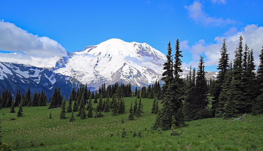 Clouds clearing at Mount Rainier Photograph by Lynn Hopwood