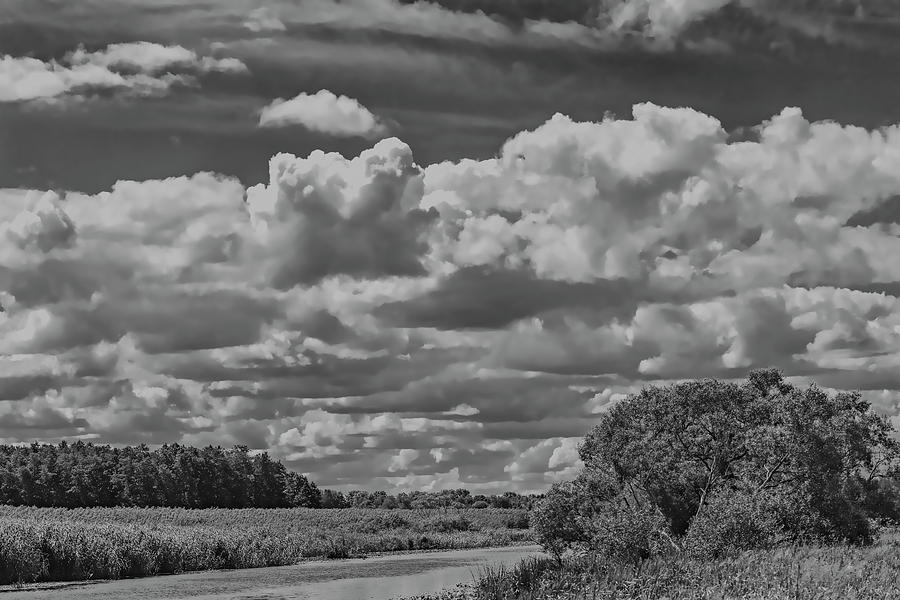 Clouds over creek BW. Photograph by Leif Sohlman