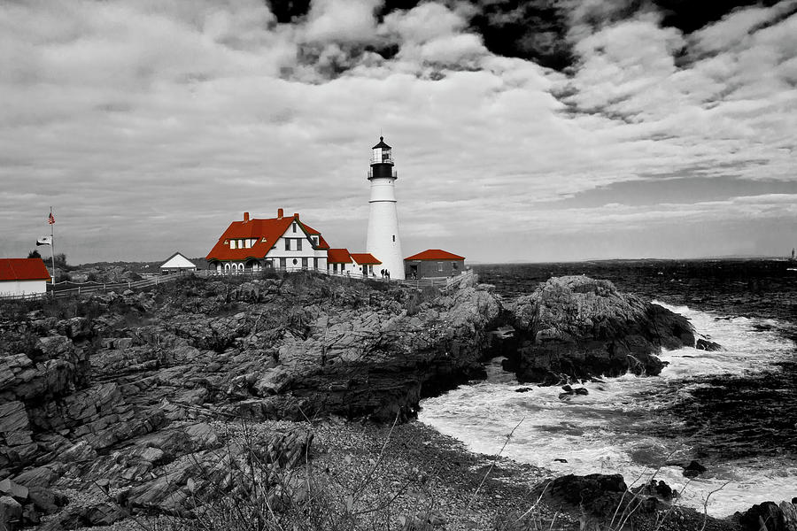 Clouds over Portland Head Lighthouse - BW Photograph by Lou Ford