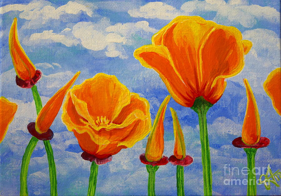 Cloudy California Poppies Sky Orange Wildflowers Flowers Bright Bold Beautiful Jackie Carpenter Gift Painting by Jackie Carpenter