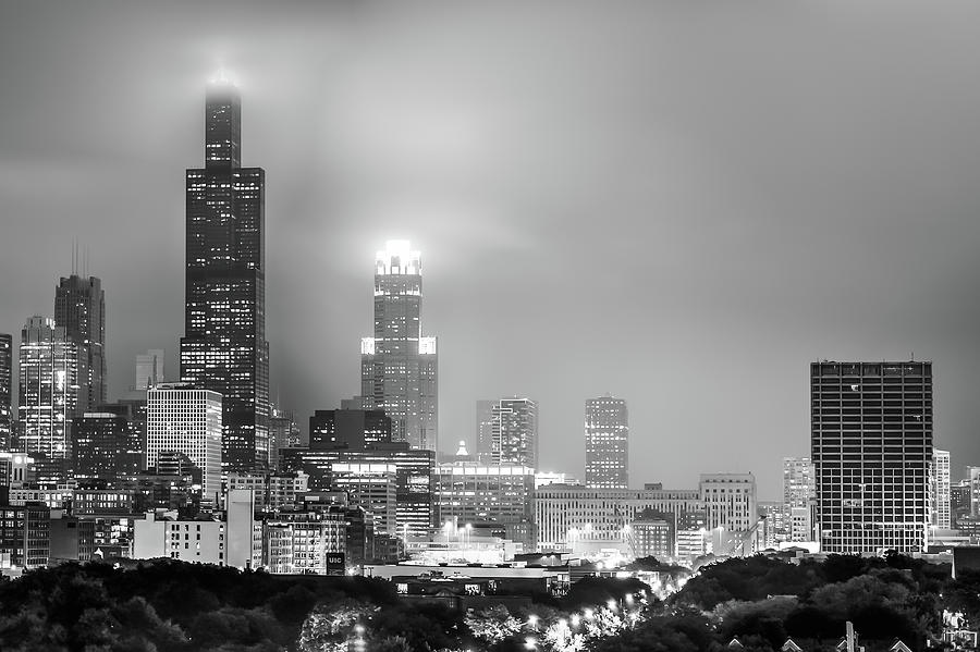 Cloudy Downtown Chicago Skyline in Black and White Photograph by Gregory Ballos