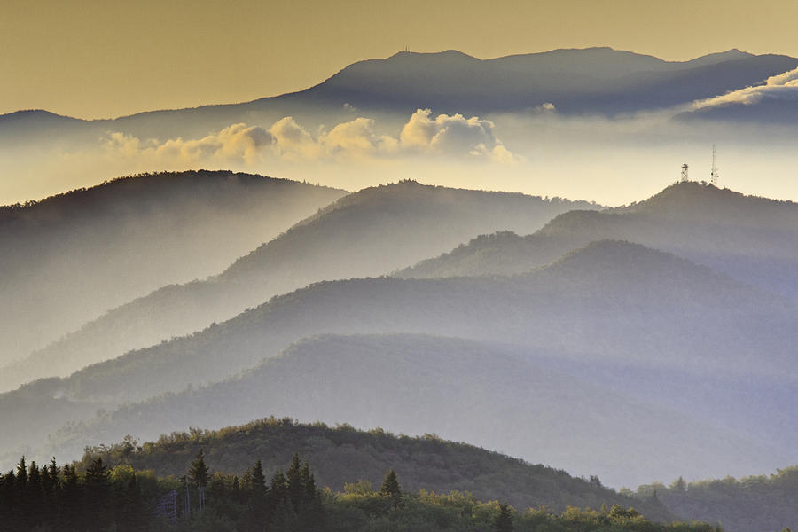Cloudy Layers on the Blue Ridge Parkway - NC Sunrise Scene Photograph by Rob Travis