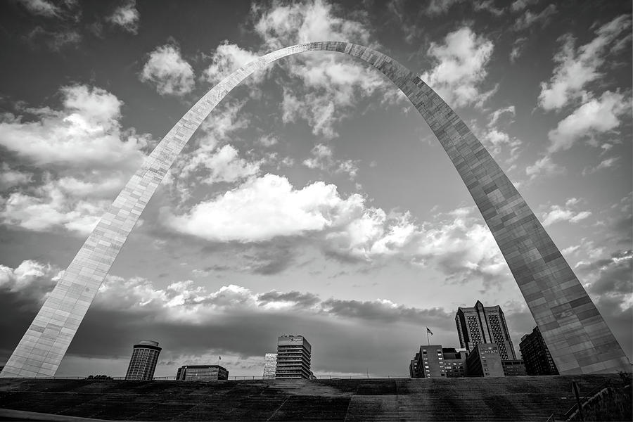 Cloudy Skies Beyond The Saint Louis Arch And Skyline Black And White Photograph