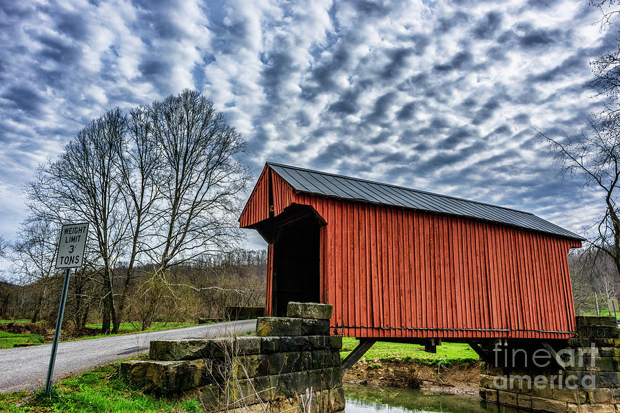 Cloudy Sky And Covered Bridge Photograph