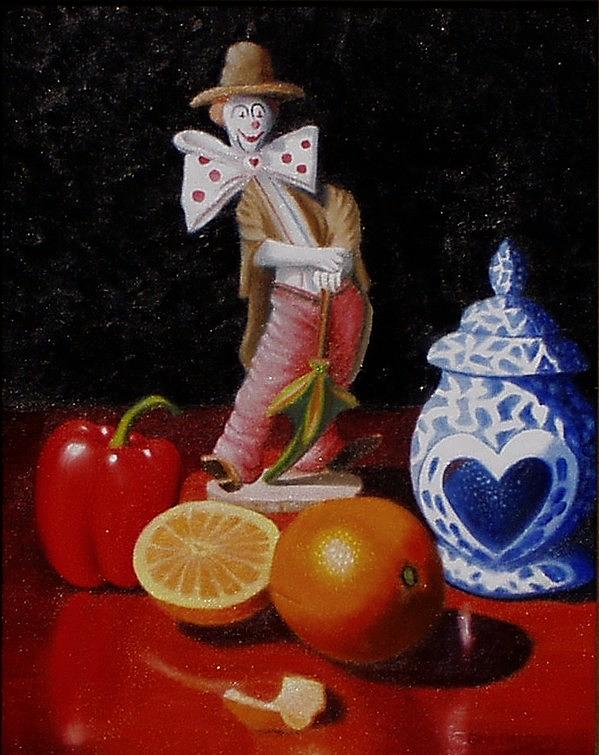 Clown around fruit Painting by Gene Gregory