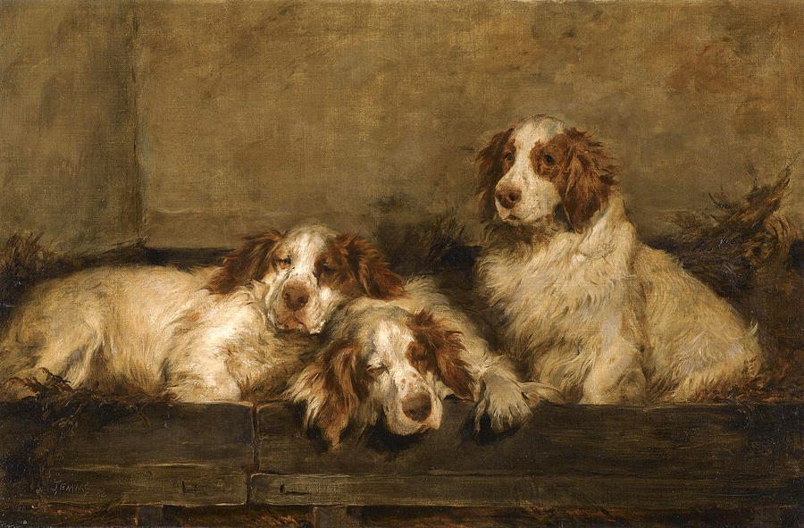 Clumber Spaniels in a Kennel Painting by John Emms