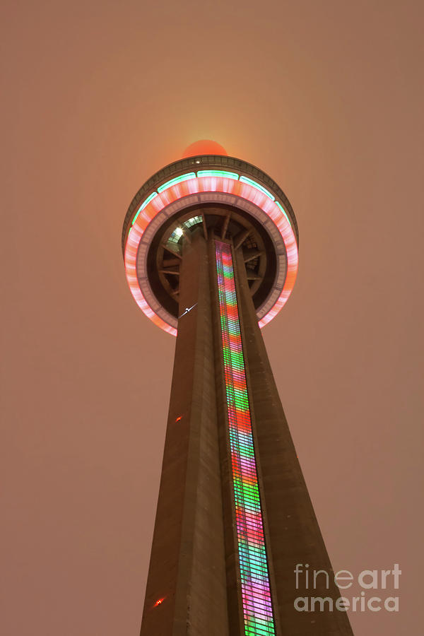 Cn Tower In Toronto Canada On A Foggy Christmas Day At Night