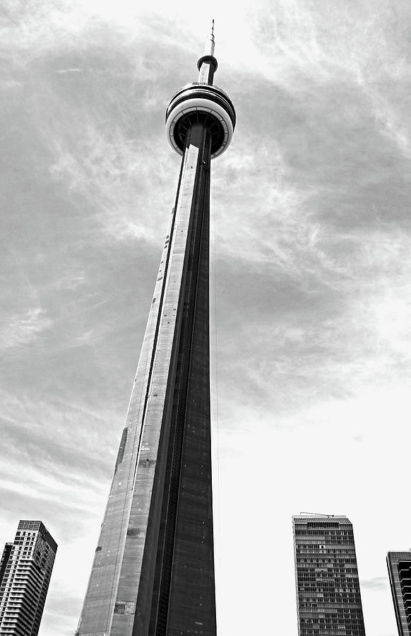 CN Tower Toronto With Skyscrapers In Black And White Photograph by Debbie Oppermann