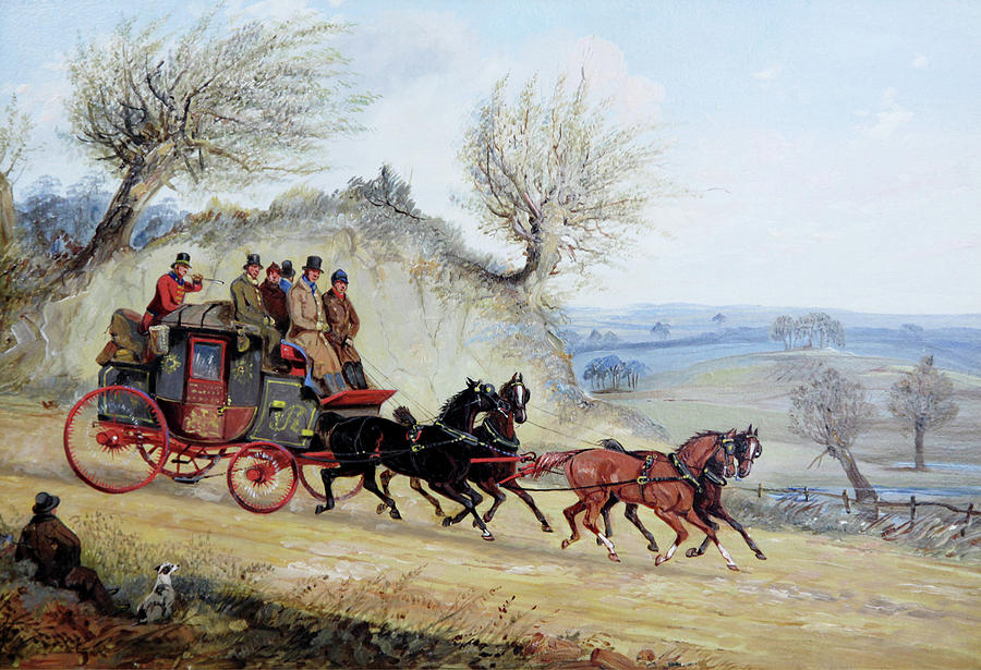 Coaching oil of a Royal Mail coach crossing landscape Painting by MotionAge Designs