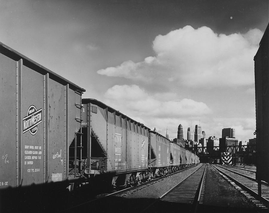 Coal Hoppers With Chicago Skyline on Horizon Photograph by Chicago and North Western Historical Society