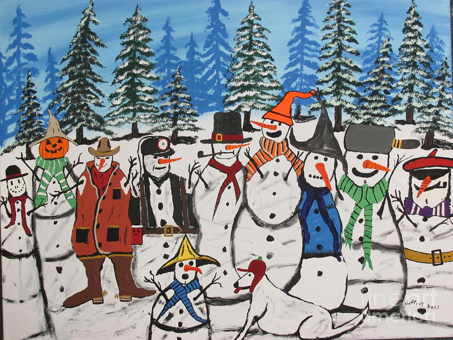 Coal Miner And  Ten Different  Snowman and a Dog Painting by Jeffrey Koss